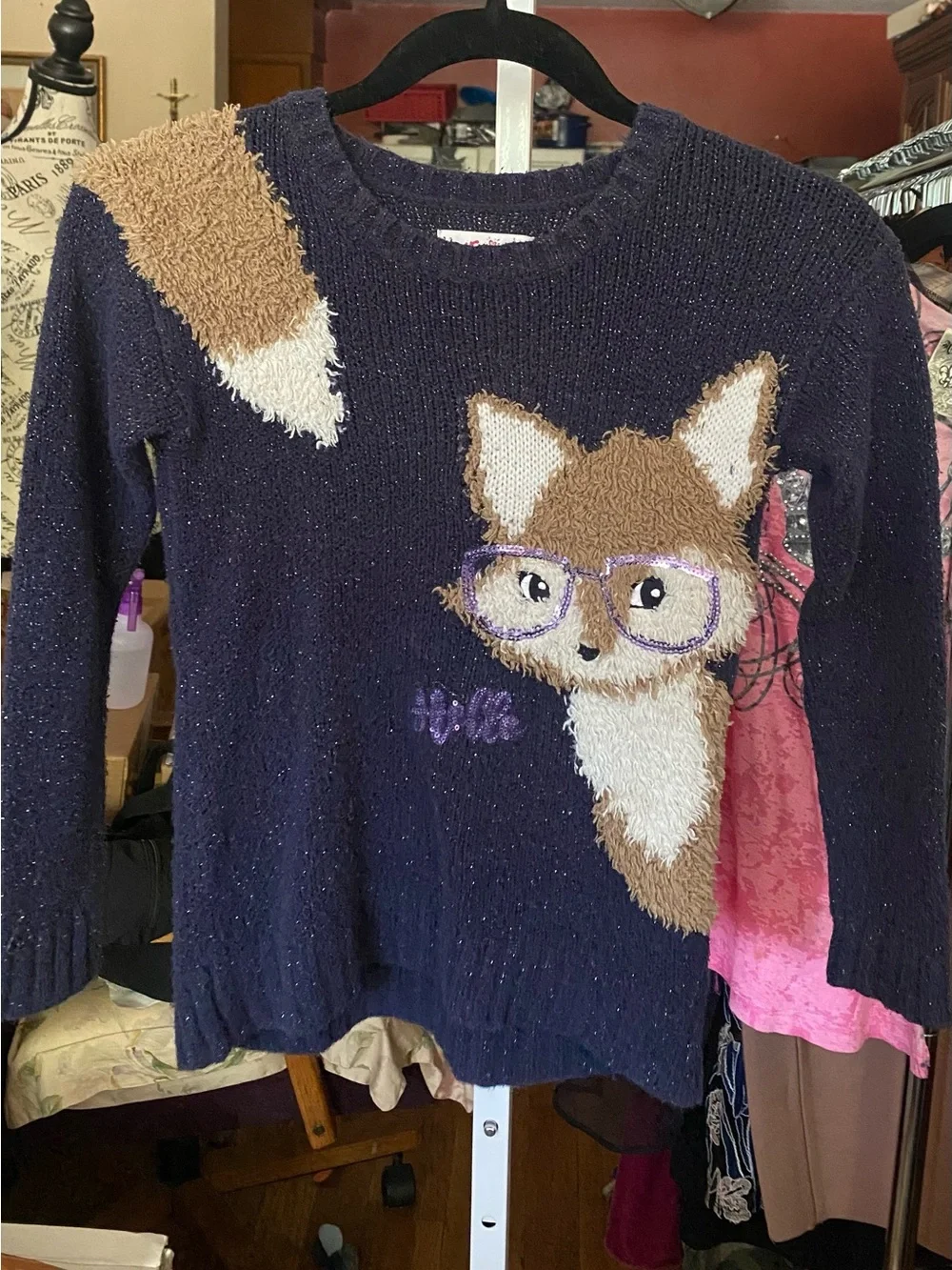 Justice Navy Fox Intarsia Sweater with Tan & White Details
